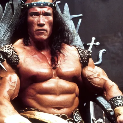 Image similar to film still of arnold schwarzenegger as conan the barbarian sitting on the iron throne