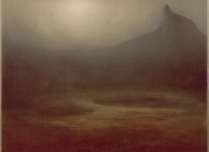 Prompt: the misty landscapes of dementia, abstract shapes and incomprehensible objects, uncanny landscape, familiar and yet foreign, uncertainty, painted by Caspar David Friedrich and Zdzislaw Beksinski