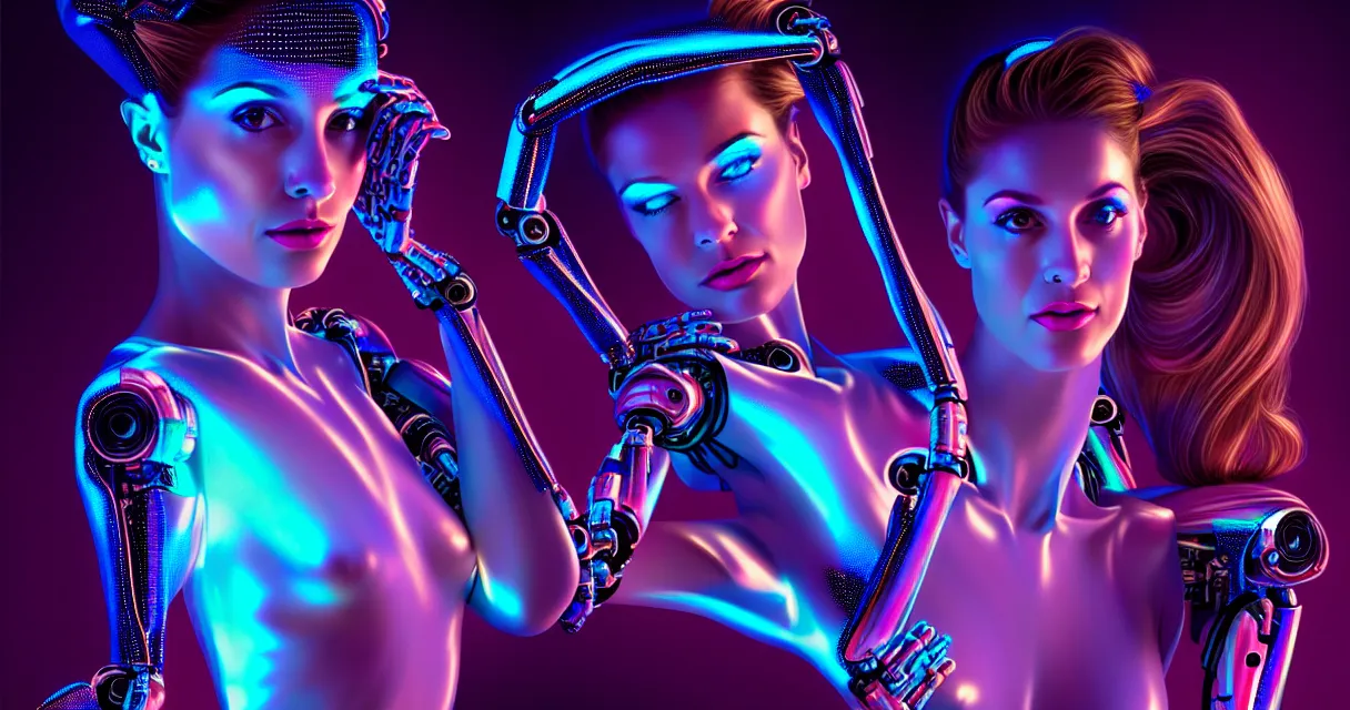 Image similar to beauty woman in holograms, with robotic arms, of alien artifacts, electrical case display, ultrarealistic, dramatic lighting, backlit, three point lighting, cables and wires, electrical details, high details, 4k, 8k, best, accurate, trending on artstation, artstation, photorealism, ultrarealistic, digital painting, style of Caravaggio, Boris Vallejo