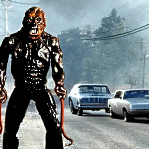 Prompt: harry and the hendersons as the terminator, 4 k hd film still, terminator, red eye, cyborg