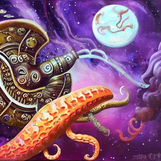 Image similar to painting of ornate space ship, nebulae background, nautilus, shell, tentacle, 4 0 k warhammer, shrimp, prawn