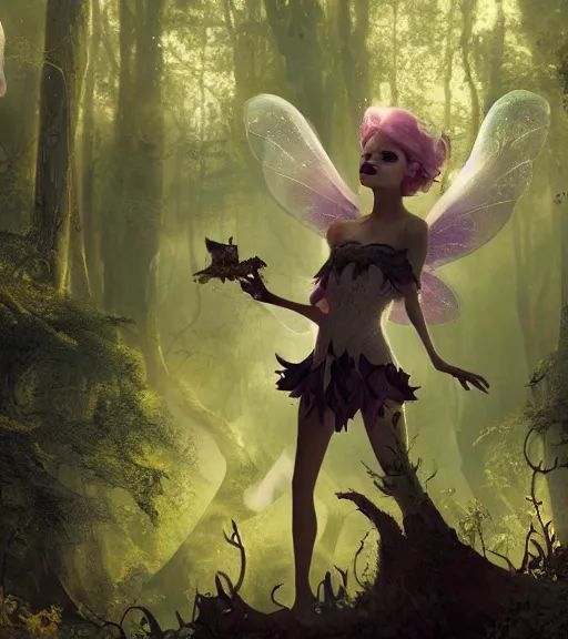 Prompt: undead tinker bell flying in an enchanted forest, flawless symmetrical pretty cute face, greg rutkowski, 8 k, shallow depth of field, intricate detail, concept art,