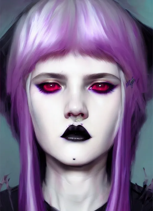 Image similar to portrait of white teenage girl, normal face, white bangs, mall goth, cyberlox, black and white hair, bangs, fluffy bangs, red contact lenses, purple lipstick, intricate, elegant, highly detailed, digital painting, artstation, concept art, sharp focus, smooth, illustration, art by wlop, mars ravelo and greg rutkowski