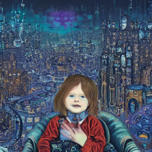 Prompt: a photo of young sad victorian gothic child with big eyes and wide grin sitting on a sofa of bones surrounded by a cyber futuristic cityscape made of human body parts by dan mumford, ultra detailed, 8 k resolution, beautiful lighting, expansive detailed layered city, landscape, 5 0 mm