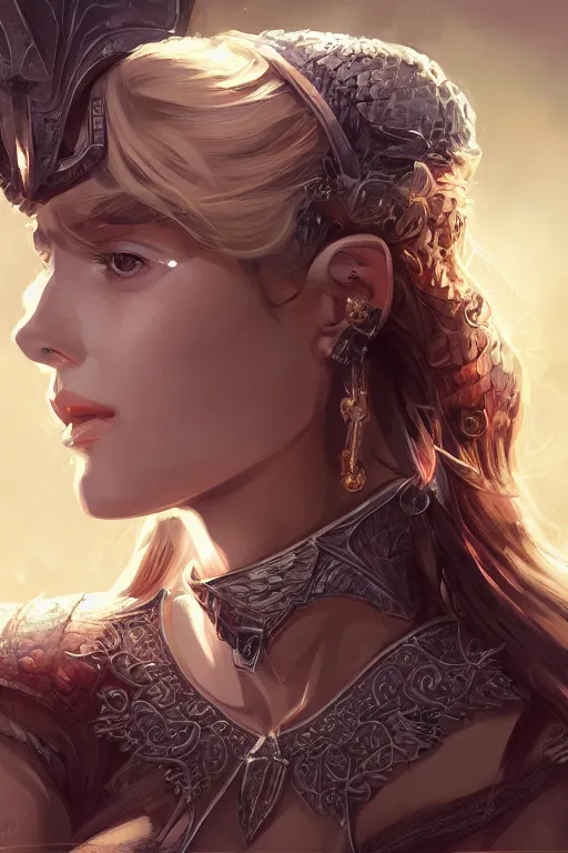 Image similar to three-quarters portrait pose of a beautiful woman, slim body, shining armor, elf warrior, fantasy, intricate, elegant, highly detailed, digital painting, artstation, concept art, matte, sharp focus,D&D, illustration, art by Stanley Lau