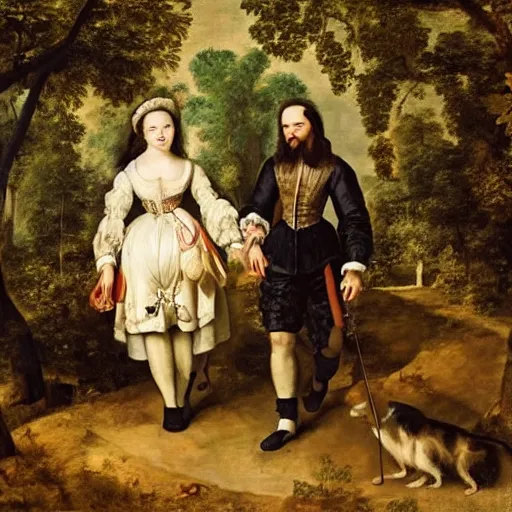 Prompt: a couple walking in central park wearing fine clothes surrounded by vegetation on fall. fine art, oil on canvas baroque style 1 6 5 6 by diego velasquez.