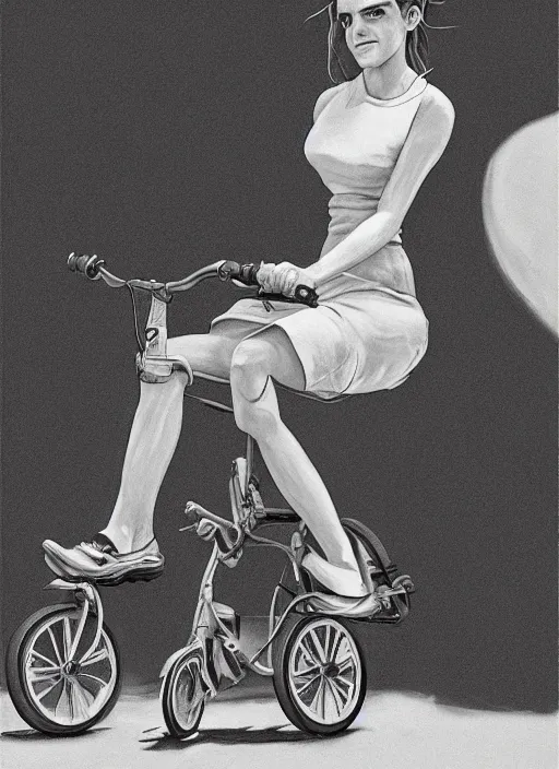 Image similar to hyperrealism emma watson riding a tricycle, light effect, hyper detailed, claymation, cartoon, detailed, realistic materials, sharp focus