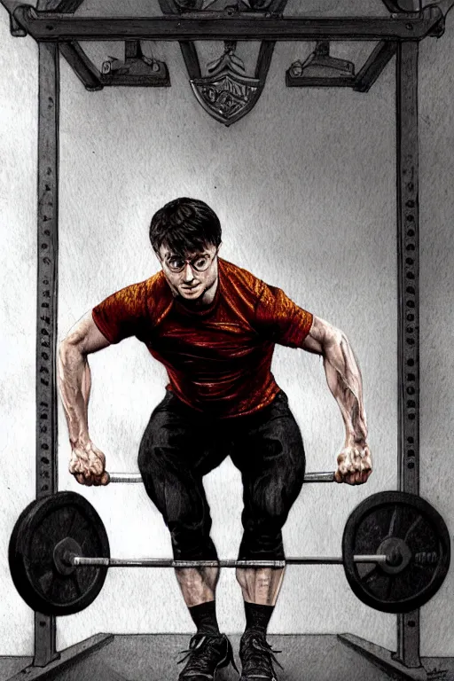 Image similar to highly detailed rendering of Daniel Radcliffe as Harry Potter doing barbell back squats, dingy workout gym, wearing a muscle tee shirt, muscular deep squats, symmetrical, highly detailed, digital painting, artstation, concept art, smooth, sharp focus, illustration, cinematic lighting, art by artgerm and greg rutkowski and alphonse mucha