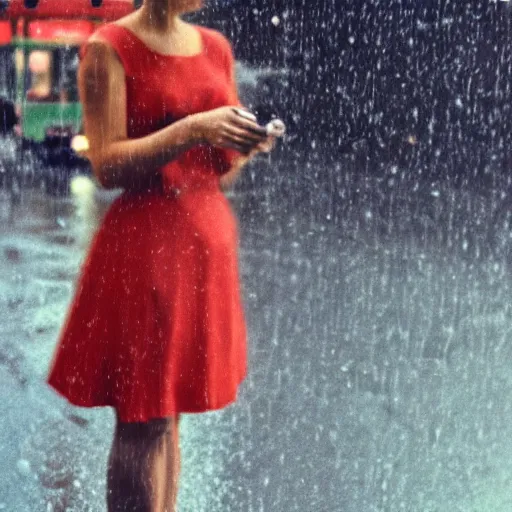 Prompt: grainy abstract expired film photo of a woman in red dress, talking angrily on mobile phone, gesticulating angrily, in 1960s New York City by Saul Leiter, 50mm lens, cinematic colors, oversaturated filter, blur, reflection, refraction, distortion, rain drops, smears, smudges, cinestill 800t