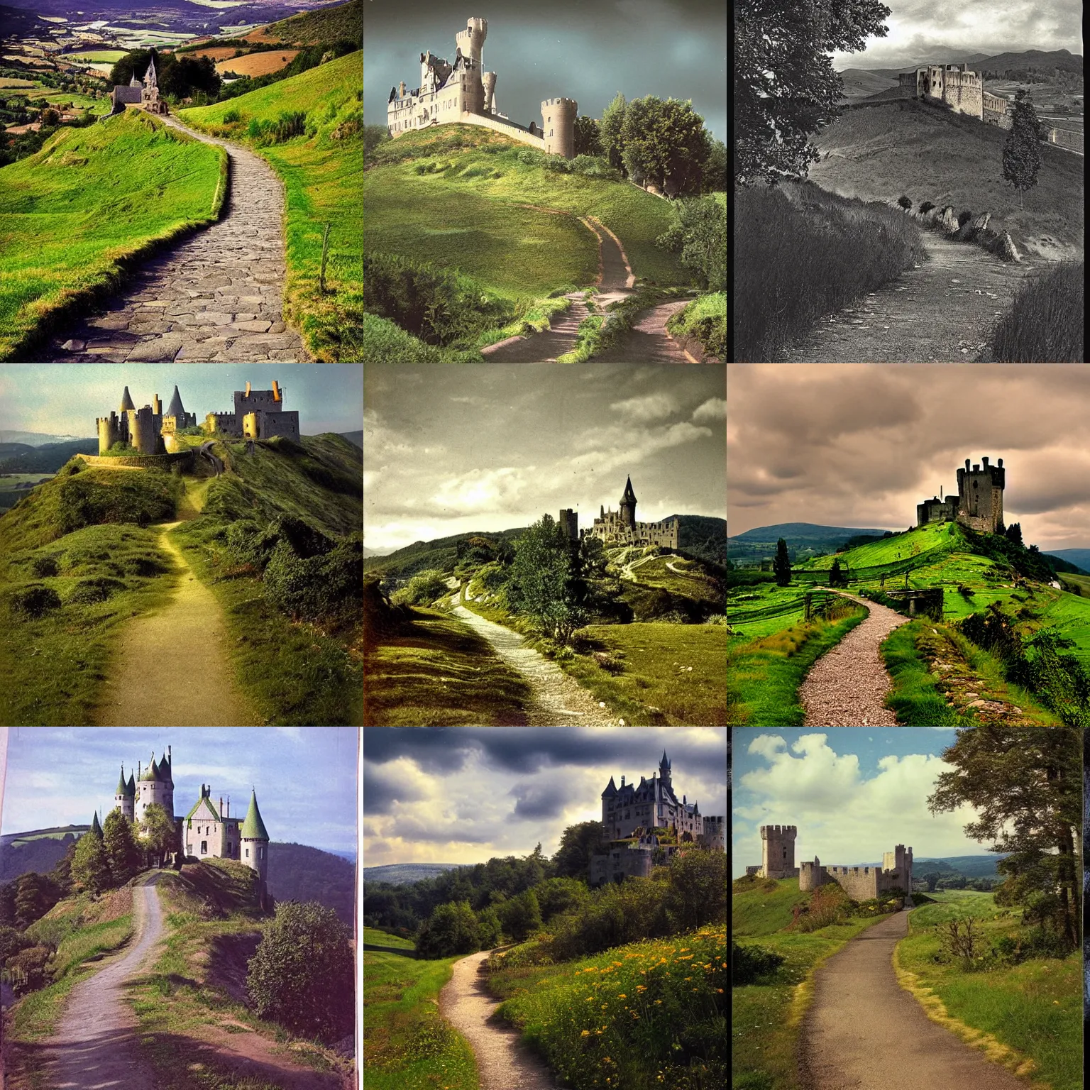 Prompt: photochrom!!, a hilly landscape with castle and path