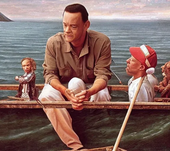 Prompt: Tom hanks as forrest gump fishing for shrimp in a giant shrimp boat, realistic face, renaissance painting, amazing detail