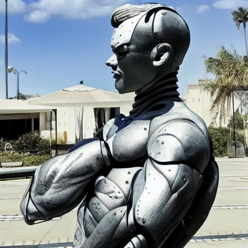 Image similar to a realistic detailed photo of a guy who is an attractive humanoid who is half robot and half humanoid, who is a male android, wrestler finn balor, shiny skin, posing like a statue, blank stare, by the pool, on display, showing off his muscles, humanoid robot, frozen ice statue