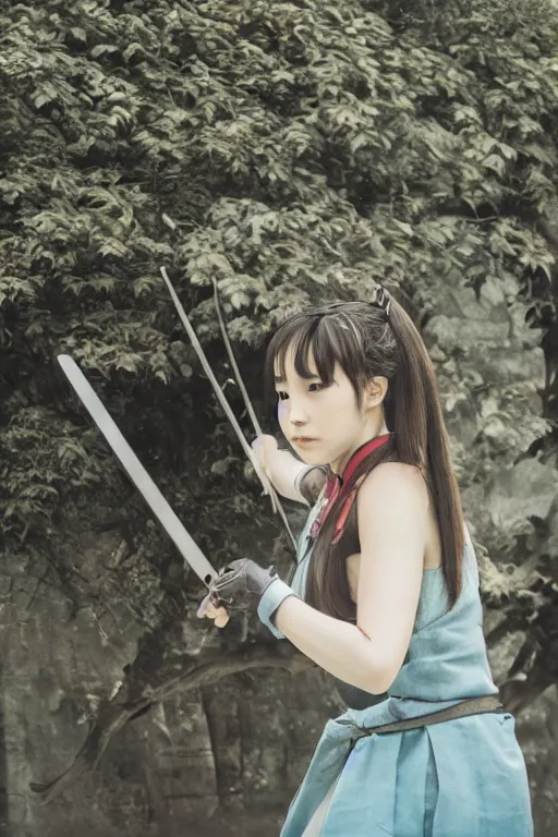 Image similar to highly detailed beautiful photo of a young female samurai, practising sword stances in a temple, symmetrical face, beautiful eyes, realistic anime art style, 8 k, award winning photo, pastels, action photography, 1 / 1 2 5 shutter speed, dramatic lighting