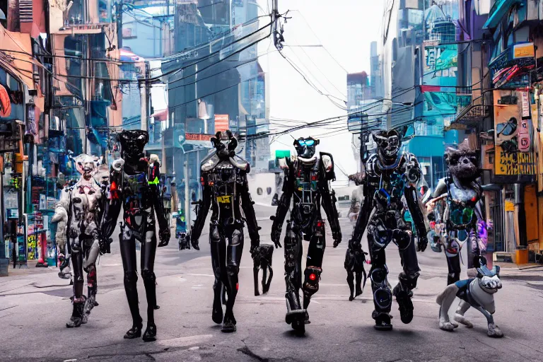 Prompt: an group of cyborg fursuiters walking down a cyberpunk city street, photo, 4K
