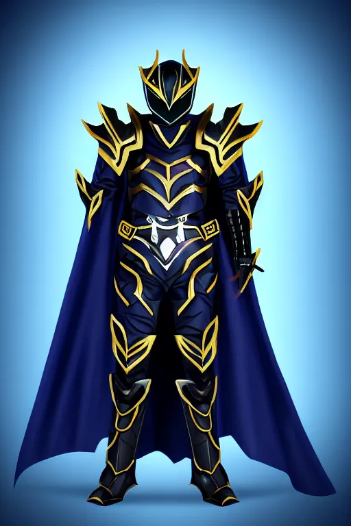 Image similar to High Fantasy Kamen Rider with a flowing cape, single character full body, 4k, rock quarry location, daytime, glowing eyes, rubber suit, dark blue segmented armor, fantasy inspired segmented dragon armor, ultra realistic, high quality, cinematic, centered, cinematography