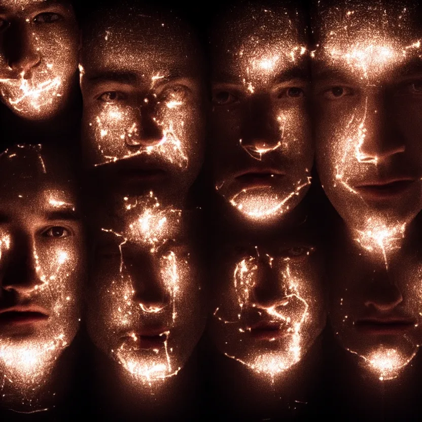 Prompt: 4 men's faces being illuminated inside a dark room, cross composition, realistic 4k