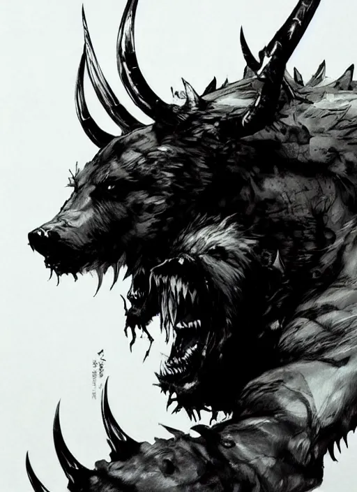 Image similar to A horned bear spirit with sharp claws. In style of Yoji Shinkawa and Hyung-tae Kim, trending on ArtStation, dark fantasy, great composition, concept art, highly detailed.