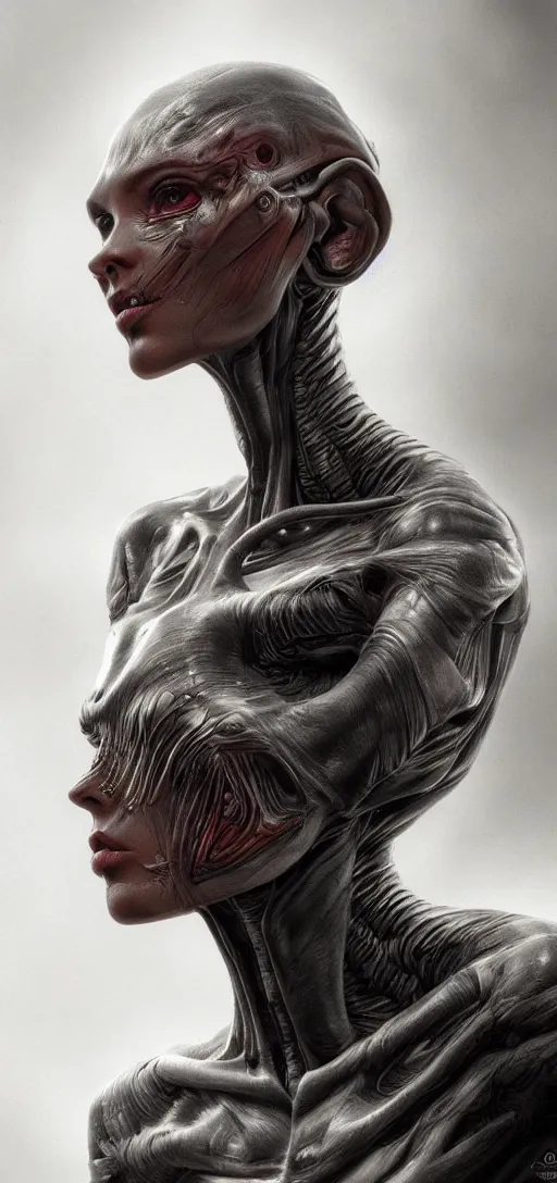 Image similar to realistic detailed portrait of the half alien women, dynamic lighting, photorealistic fantasy concept art, trending on art station, stunning visuals, creative, cinematic, ultra detailed