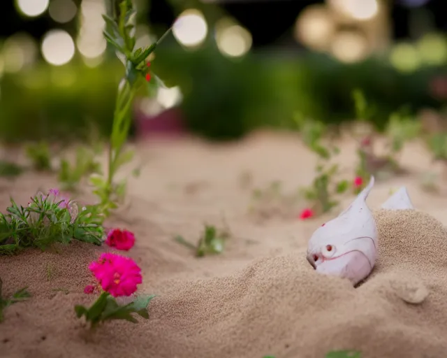 Image similar to 8 5 mm food photography of a kratos toy near a garden with sand with dof and bokeh and flowers o