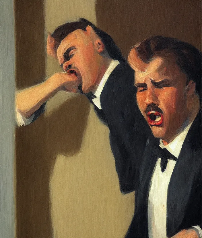 Prompt: a close up portrait painting of a man in a suit, the man is screaming and sad, highly detailed facial details, face close up, in the style of edward hopper, fine brush strokes, 4 k,