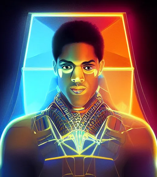 Image similar to symmetry!! egyptian prince of technology, solid cube of light, hard edges, product render retro - futuristic poster scifi, lasers and neon circuits, brown skin man egyptian prince, intricate, elegant, highly detailed, digital painting, artstation, concept art, smooth, sharp focus, illustration, dreamlike, art by artgerm