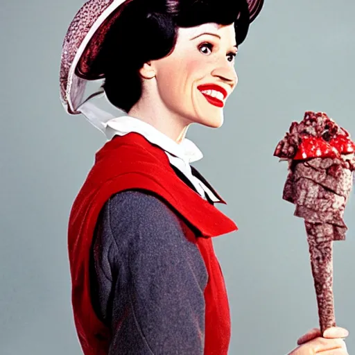 Image similar to professional photo of dairy poppins, mary poppins as a milkmaid