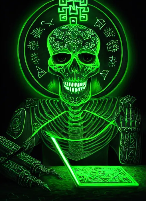 Image similar to portrait of ancient skeleton writing runes into personal computer with glowing green keys, runes, runic words, ancient evil letters, glowing green, intricate, elegant, glowing lights, highly detailed, digital painting, artstation, concept art, smooth, sharp focus, illustration, art by wlop, mars ravelo and greg rutkowski