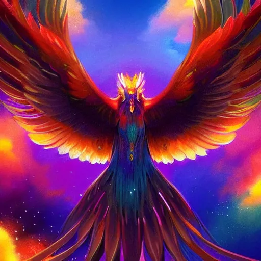 Image similar to stylized cute flying chinese phoenix, sparkling bird eyes, embers surrounding her wings, shining rainbow feathers, smooth features, feathers on fire, stylized art, digital painting, artstation, concept art, smooth, soft focus, beautiful rainbow colors, illustration, chinese phoenix art by Artgerm and greg rutkowski