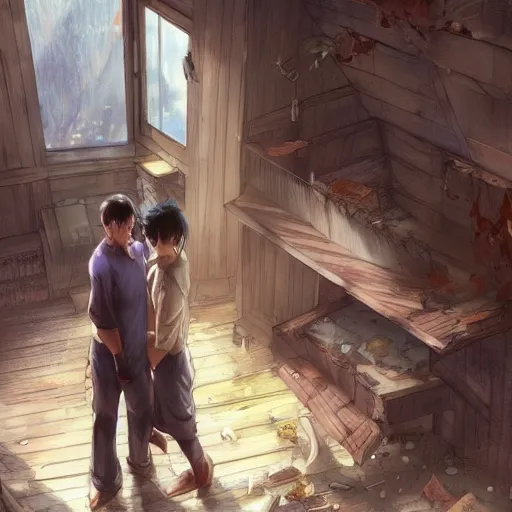 Image similar to two husbands leave each other inside a big wooden broken house by Stanley Artgerm Lau, WLOP, Rossdraws, James Jean, Andrei Riabovitchev, Marc Simonetti, Yoshitaka Amano, ArtStation, CGSociety, highly detaild 4K