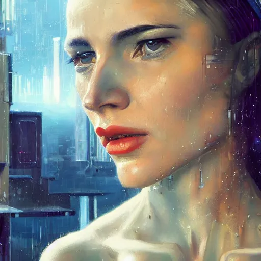 Image similar to detailed face of a woman, moment, cyberpunk cloisters, electronic billboards, tech noir, wet reflections, atmospheric, ambient, pj crook, syd mead, livia prima, greg rutkowski, edward hopper