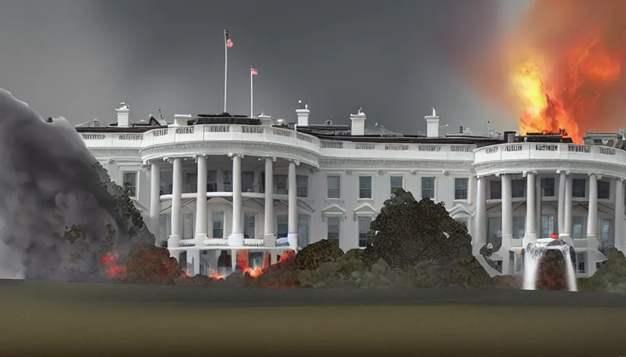 Prompt: white house in washington dc destroyed by fire, ashes and smoke columns, firefighters, ambulance, sunny day, hyperdetailed, artstation, cgsociety, 8 k