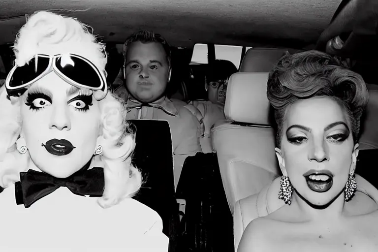 Image similar to lady gaga and judy garland doing carpool karaoke, lady gaga and judy garland, carpool karaoke, lady gaga, judy garland, carpool karaoke, youtube video screenshot, the late late show with james corden, higly realistic, high resolution, dashcam