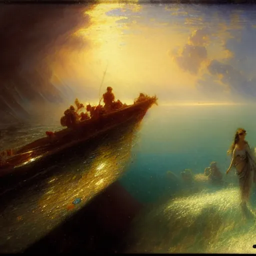 Image similar to point of view of deep in the ocean looking up, you see fishes, higher the milk way, night time, midnight. highly detailed painting by gaston bussiere, greg rutkowski 8 k