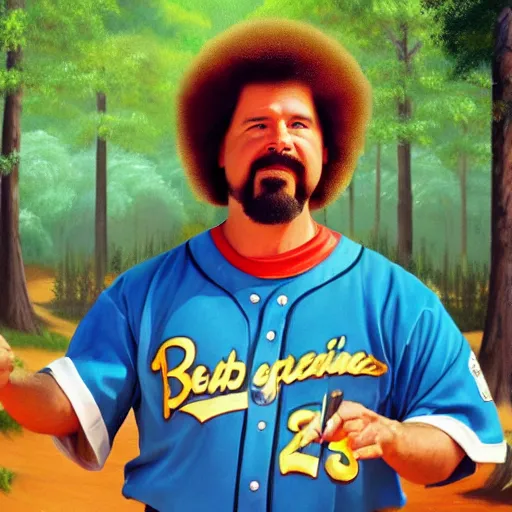 Image similar to a closeup photorealistic photograph of bob ross painting kenny powers dressed in baseball uniform onto a canvas. mountains and trees. film still. brightly lit scene. this 4 k hd image is trending on artstation, featured on behance, well - rendered, extra crisp, features intricate detail, epic composition and the style of unreal engine.