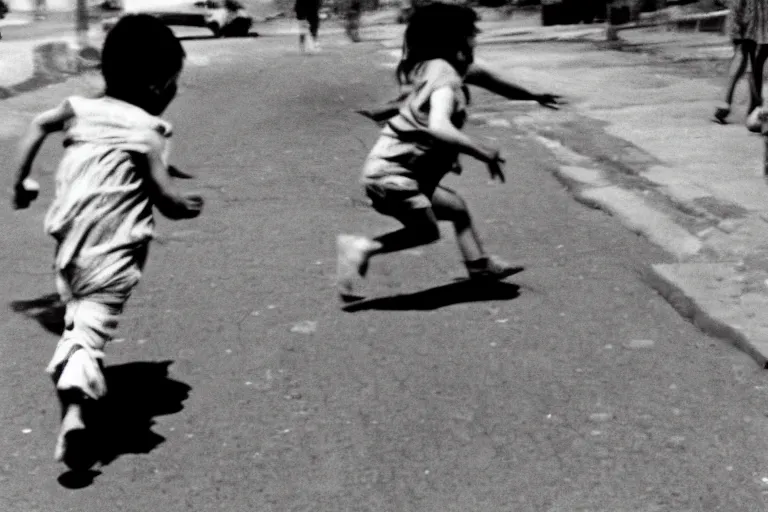 Prompt: A dirty child running down the street, decisive moment, anri cartier bresson
