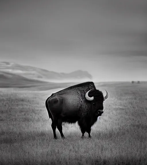 Prompt: Award winning Editorial photo of an american bison in yellowstone by Edward Sherriff Curtis and Lee Jeffries, 85mm ND 5, perfect lighting, gelatin silver process