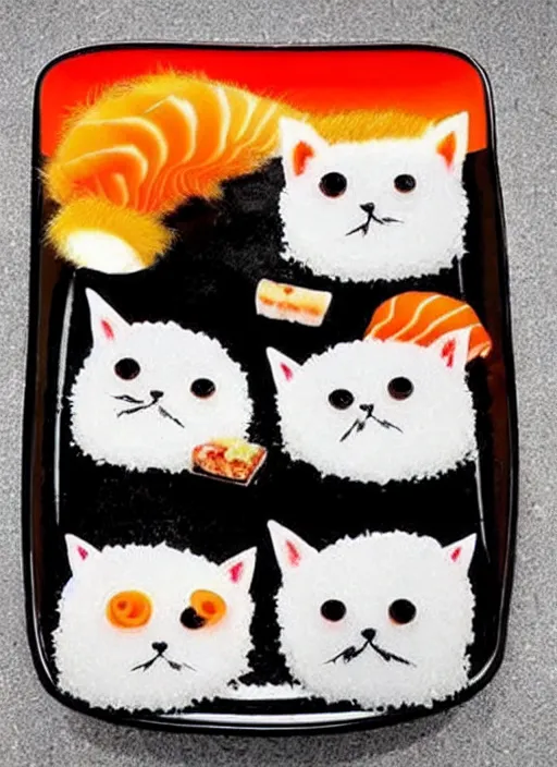 Image similar to clear surrealist painting of adorable cats made from sushi rice, sitting on sushi plates with garnish