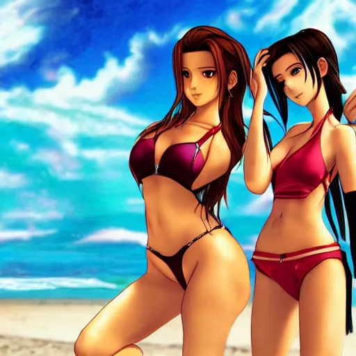 Image similar to beautiful aerith and tifa and jessie from final fantasy in a bikini on the beach making eye contact drawn by sakimichan