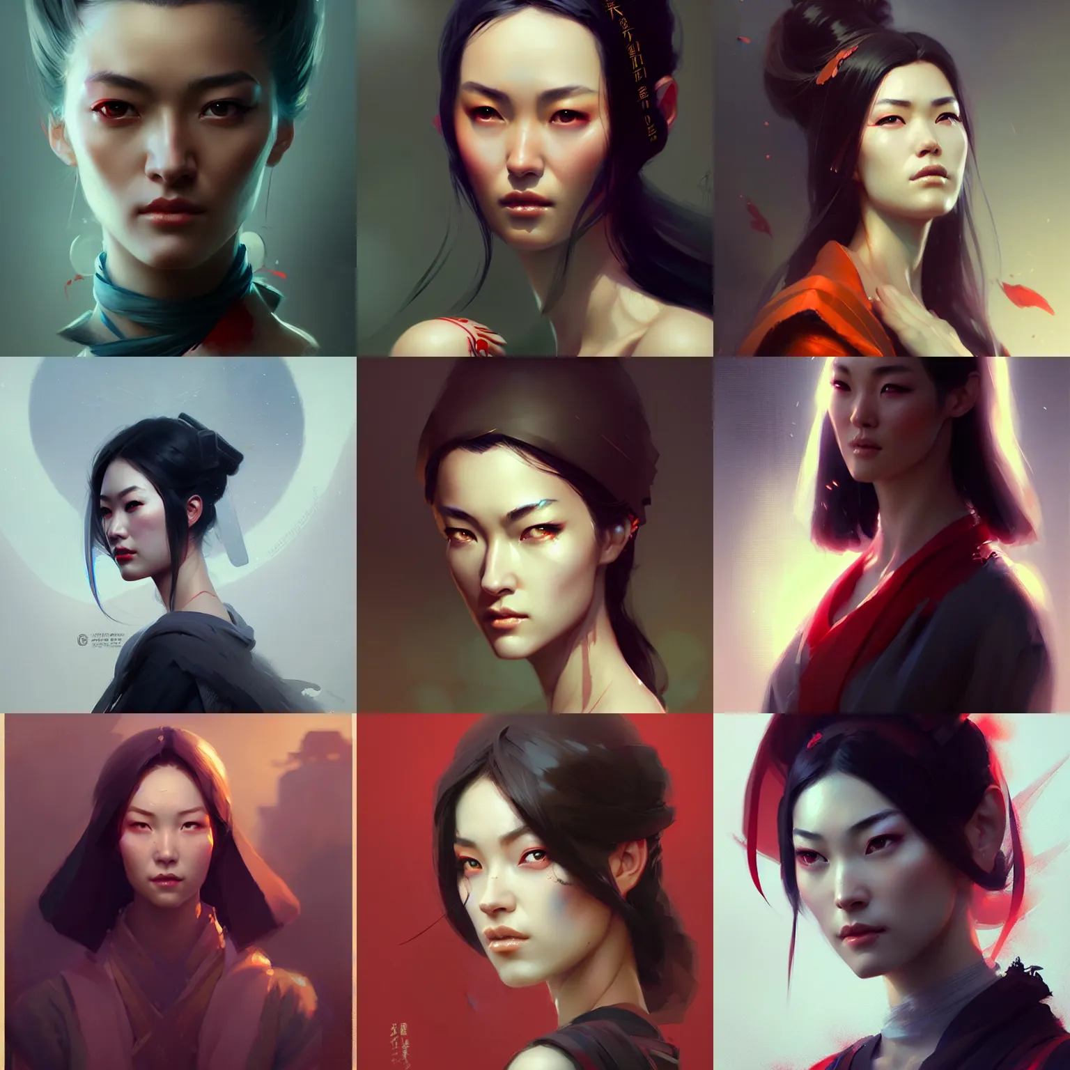 Prompt: beautiful women with oriental faces, character portrait, sharp, digital matte painting, by greg rutkowski, trending on artstation