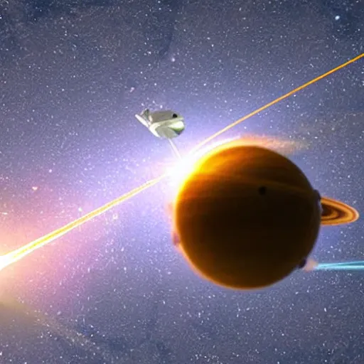 Image similar to spaceship firing laser in space near venus, realistic photo from nasa