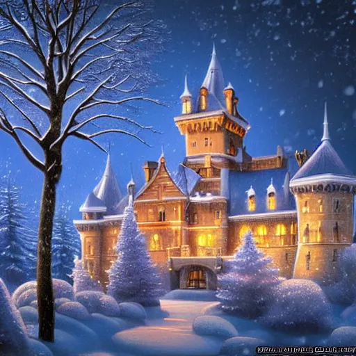 Image similar to luxury castle ,inspired by Evgeny Lushpin,winter,nighttime,cinematic,art station