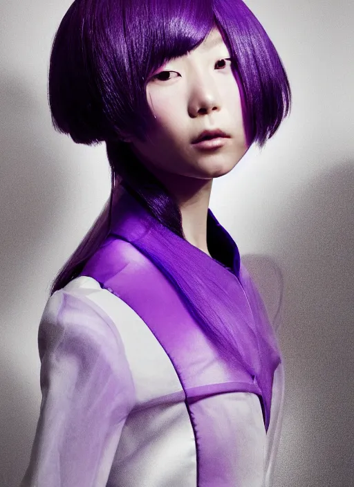 Prompt: a portrait by nick knight of a japanese girl detailed features wearing a pilot suit wedding dress synthetic materials, jumpsuits chic'techno fashion trend by balenciaga dramatic purple light