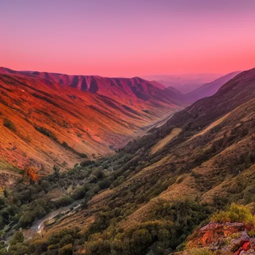 Image similar to award winning photo of a beautiful valley with the sun setting in the distance.