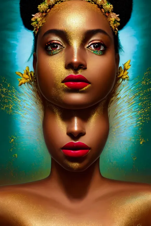 Image similar to hyperrealistic post - symbolist cinematic very beautiful! oshun goddess with white eyes, yoruba body paint, dripping droplet lips, gold flowers, highly detailed digital art masterpiece, smooth etienne sandorfi eric zener dramatic pearlescent soft teal light, ground angle uhd 8 k, sharp focus