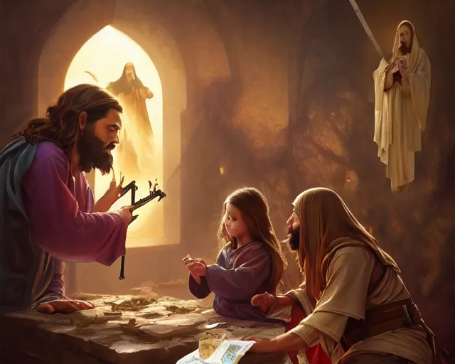 Prompt: photography of jesus christ pointing ak 4 7 to a small child wrapped in toilet paper, deep focus, d & d, fantasy, intricate, elegant, highly detailed, digital painting, artstation, concept art, matte, sharp focus, illustration, hearthstone, art by artgerm and greg rutkowski and alphonse mucha