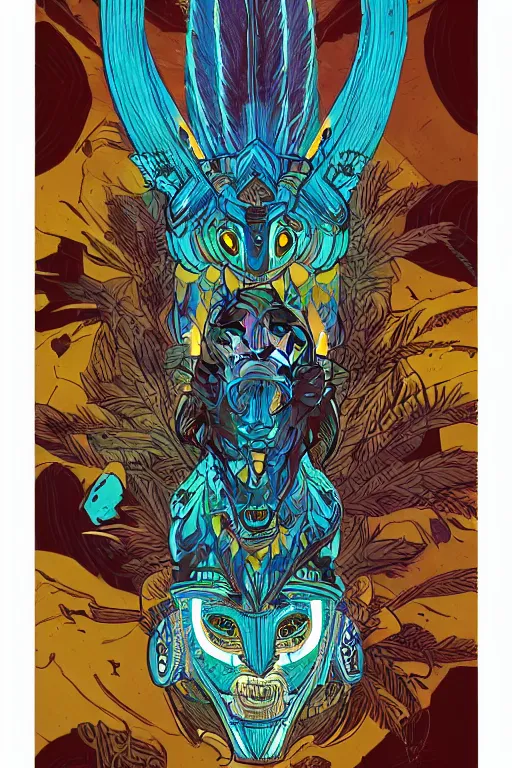 Image similar to totem animal tribal chaman vodoo mask feather gemstone plant video game illustration vivid color borderlands and by feng zhu and loish and laurie greasley, victo ngai, andreas rocha, john harris radiating a glowing aura