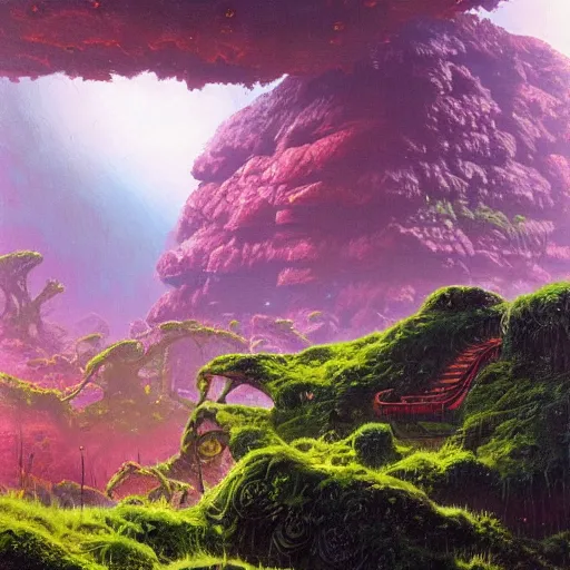 Image similar to illustration of a lush natural scene on an alien planet by paul lehr. extremely detailed. beautiful landscape. weird vegetation. cliffs and water.