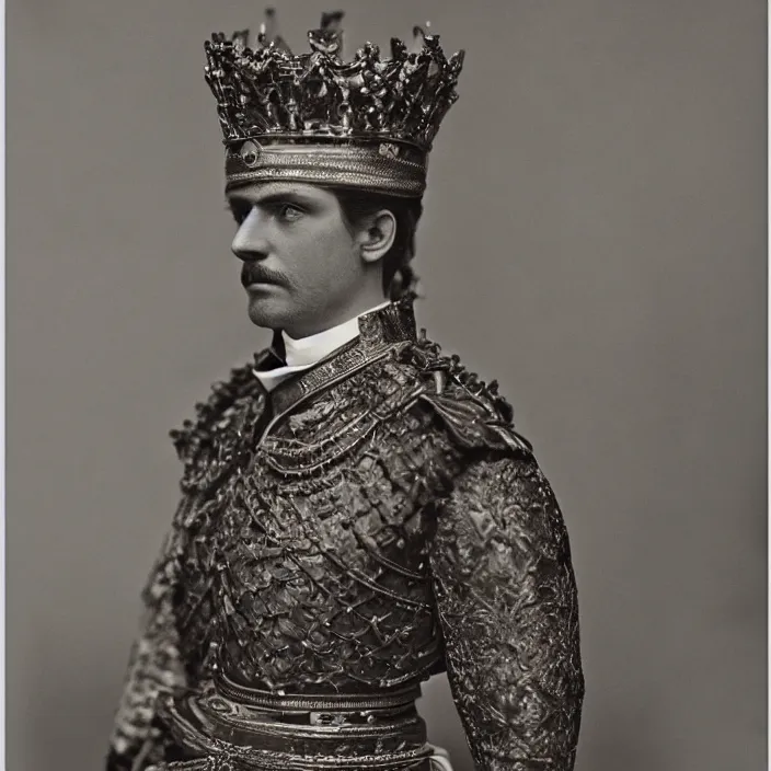 Prompt: portrait of a victorian king in ceremonial outfit, male, crown, detailed face, victorian, highly detailed, cinematic lighting, photograph by elliott & fry