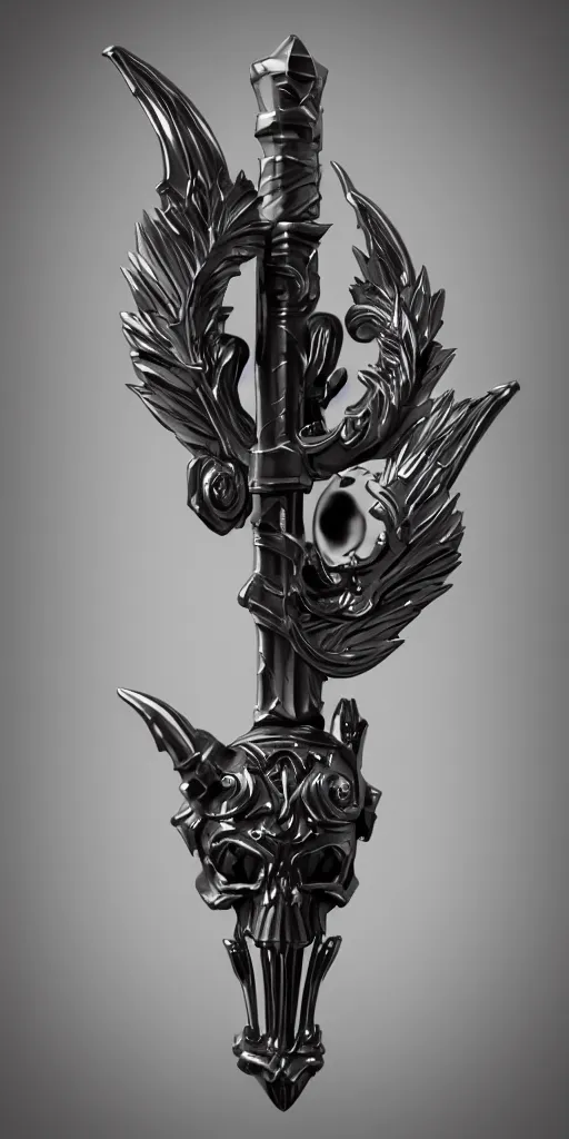 Image similar to a black and silver axe skull crest, ornament, weapon, render by dom qwek, trending on polycount, artstation, hard surface modeling