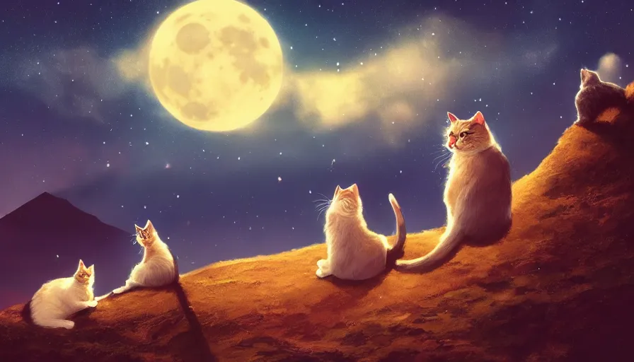 Image similar to cats on the hill looking at the stars in the sky together at night, moon and stardusts, hyperdetailed, artstation, cgsociety, 8 k